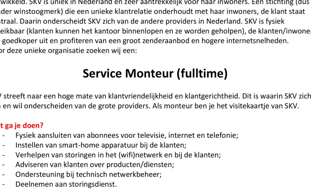 Servicemonteur gezocht